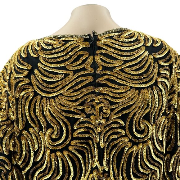 Vintage Royal Feelings Gold Beaded Sequin Blouse Silk Blend Short Sleeve Women L - Picture 9 of 10
